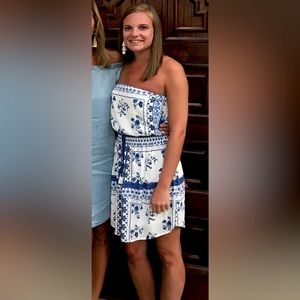 Blue and white patterned strapless dress